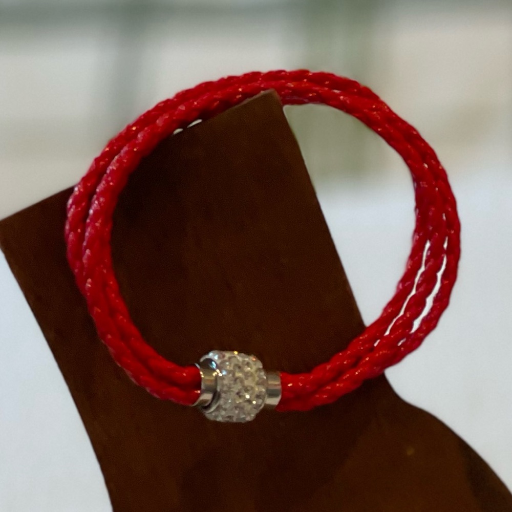 Red Braided leather multi strand bracelet rhinestone steel magnetic closure